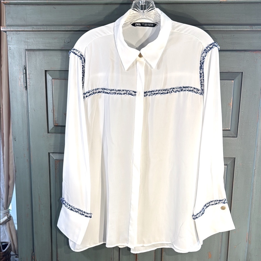 EUC Zara Elegant White Blouse with Blue and Gold 3D Trim Accents